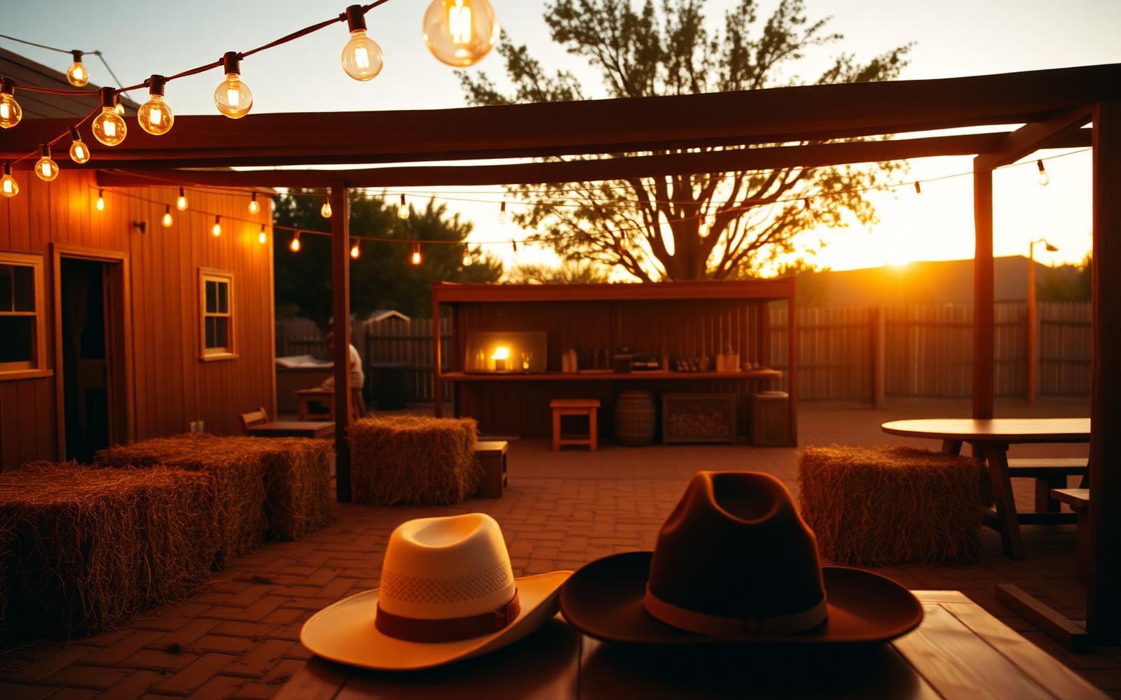Backyard set up at golden hour with hay bales, string lights, and two hats on a table